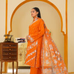 Vibrant Orange Poly Raw Silk Embroidered Suit (Unstitched)