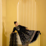 Jet Black Resham Embroidered Flared Maxi (Unstitched)